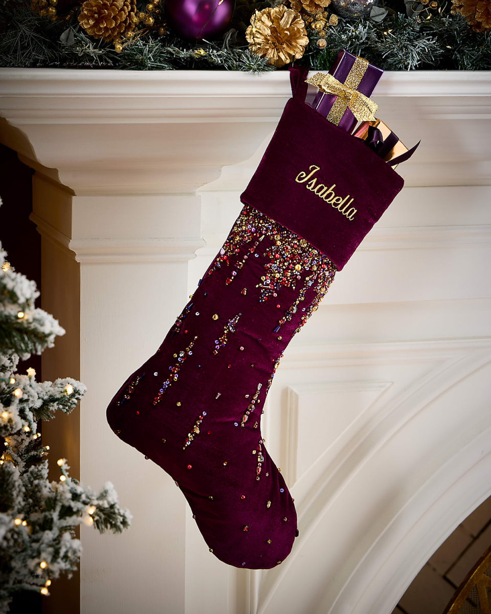 Plum Christmas Beaded Stocking, Personalized